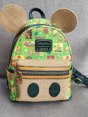 Loungefly Green Tiki Mickey Ear Mini Backpack with Burlap Accents